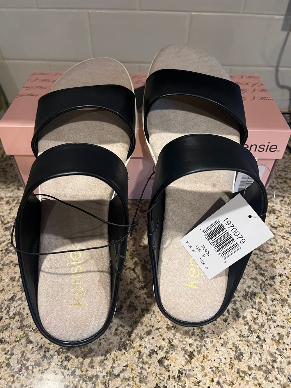 Kensie Black Two-Band Slide Sandals with Beige Footbed